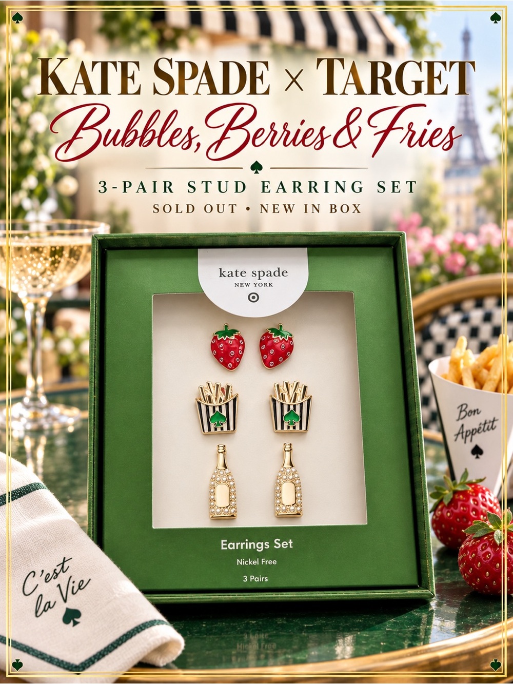 kate spade 3-Pair Stud Earring Set - Red, Gold, Green